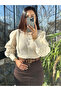 Women's Beige Buttoned Knitwear Blouse Poplin Long Ribbed Balloon Sleeves Openwork High Neck Waist Length Stylish Cardigan - 3