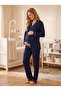 New Season Navy Blue Ribbed Shirt Collar Design Full Buttoned Long Sleeve 100% Cotton Maternity Pajama Set - 3