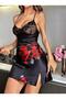 Women's Black Red Rose Patterned Lace Detailed Mini Satin Nightgown - 4