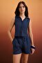 Lacivert %100 Keten Kolsuz Bluz TWOSS24BZ00417 - 7