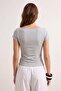 Gri Melanj Kayık Yaka Fitted/Vücuda Oturan Pamuklu Esnek Örme Bluz TWOSS25BZ00285 - 4