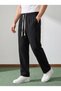 Men's Baggy Fit Elastic Waist 100% Cotton Linen Look Trousers Black 1007Dngr