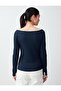 Navy Blue Straight Cut Long Sleeve Boat Neck Knitted Blouse - 5