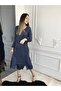 Women's Dark Blue Long Sleeve Antique Woven Dress - 3