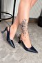 Women's Motto Navy Blue Patent Leather Pointed Toe Open Back 8 cm Heeled Shoes - 6