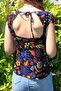 Women's Black V-Neck Purple Floral Back Low-cut Blouse - 3