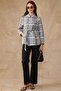 Plaid Patterned Unlined Short Trench Coat Dark Blue 6848 - 3