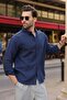Navy Blue Basic 100% Cotton Long Sleeve Men's Shirt E6761 - 2
