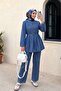 Half-Buttoned, Pleated Front, Tie-Waist Denim Suit with Pants - Blue