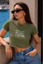 Women's Green Slim Fit New York Printed Crop T-Shirt (95% Cotton) - 4