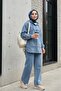 Kangaroo Pocket Hooded Jeans Set with Snap Front - Blue