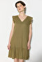 Linen Dress with Lace-Up Back and Ruffles - Khaki - 4