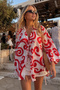 Women's Red-White Shirt Collar Front Lace-Up Kimono Shirt Arm-25K001006