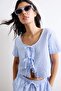 Regular Fit V-Neck Wrinkled Fabric Short Sleeve Light Blue Blouse F1009Ax26Sm - 2