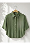 Satin Look Retro Model Loose Short Sleeve Shirt Women's Khaki