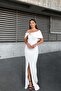White Flexible Scuba Fabric Bow Stone Detailed Long Evening Dress583419