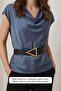 Triangle Gold Buckle Black Thick Women's Belt 4.5 cm - 2
