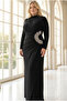 Pile Detailed Stone Embroidered Lined Plus Size Hijab Evening Dress Black Tbsmda2648