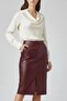 Burgundy Lina Midi Genuine Leather Women's Skirt with Slit Detail - 5