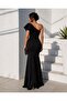 One-Shoulder Ruffle Detailed Slit Evening Dress Black 582859 - 3