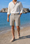 Men's White-Black Slim Fit Seersucker Striped Casual Stretch Shorts with Side Pockets - 6