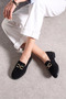 Women's Black Suede Loafer Classic Low Heel Gold Chain Detailed Oval Toe Casual Moccasin Shoes 100 - 3