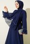 Women's Hijab Abaya Ferace Long Dress with Sapphire Stone Ruffle Detail and Shawl and Belt as a Gift - 3