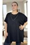 Necklace Accessoried Cycle Collar Collar Short Sleeves Loose Cut Viscose Fabric Extra Large Size Blouse Black