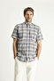 Short Sleeve Regular Fit Plaid Sports Cotton Button Collar Shirt - 3
