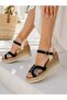 Black Leather Wedge Heel Women's Sandals