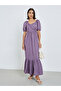 Lilac Fold Pleats Puff Sleeves A-Line Maxi Dress - 3