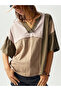 Khaki Color Block 100% Cotton Drop Shoulder T-Shirt - 4
