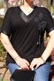 Plus Size Black Blouse with Floral Motif on the Collar - 5
