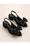 Women's Bow Detailed Satin Suede Thick Heeled Slingback Shoes with Gold Accessories - 2