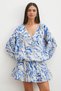 Balloon sleeve ruffled patterned crop blouse - 5
