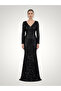 V-Neck Floor-Length Geometric Sequin Embroidered Long Sleeve Evening Dress