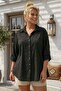 Black Shirt Collar 3/4 Sleeve Buttoned Embroidered Casual Cotton Woven Shirt 70 60