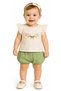 Baby Girl Cream Color Set with Scalloped Sleeves, Floral Embroidery on the Front, and Muslin Fabric Shorts