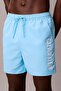 Men's Logo Printed Quick-Drying Fabric Blue Swim Shorts with Elastic Waistband - 3