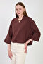 Women's Front Buckle Three-Quarter Sleeve Blouse - Bitter Brown - 2