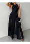 Women's Strappy Crew Neck Asymmetrical Hem Tulle Detailed Long Imported Crepe Dress - 2