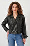 Women's Classic Collar Belted Double Button Black Jacket - 4