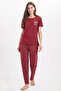 Women's Standard Fit Regular Cut Crew Neck Short Sleeve Printed Burgundy Pajama Set - 9