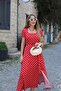 Buketli̇ Women's Square Collar Large Polka Dot Belted Slit Short Sleeve Combed Cotton Long Dress - 3