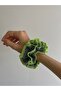 2-Piece Trendy Contrast Lettuce Edge Voluminous Scrunchie Set Neon Yellow Overlocked Gingham & Black Hair Clips - 2