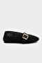 Moreno Buckle Detailed Straw Women's Black Flat Ballerinas