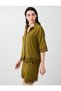 Oil Green Linen Blend Shirt with Elbow Sleeve Detail