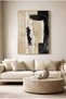 Beige and Black Abstract Fine Line Detailed Modern Glass Painting - Gold Metal Framed Home, Business and School Painting - 2
