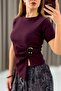 Women's Side Buckle Asymmetrical Cut Corset Short Sleeve Blouse Plum - 2