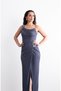 Long, Stylish Evening Dress with Shoulder and Waist Accessories, Draping, Crepe Fabric, and Slits. - 5